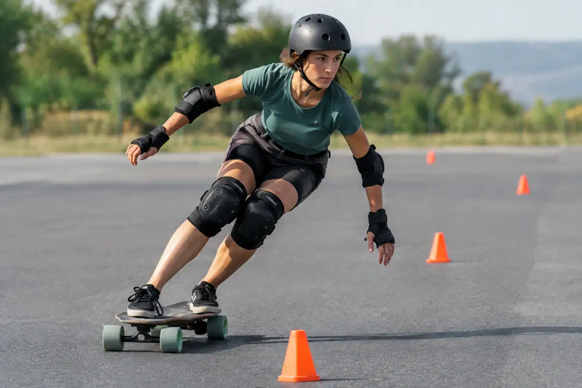 Une pratiquante en casque et protections enchaîne des virages entre des cônes sur un parcours de longboard slalom.