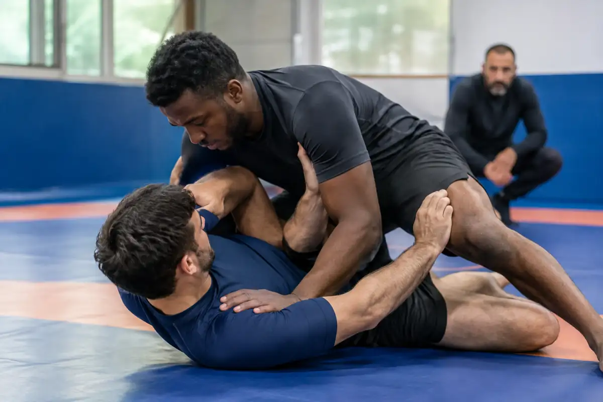Deux pratiquants en rashguards s’affrontent au sol sur un tapis lors d’un entraînement de luta livre en salle.