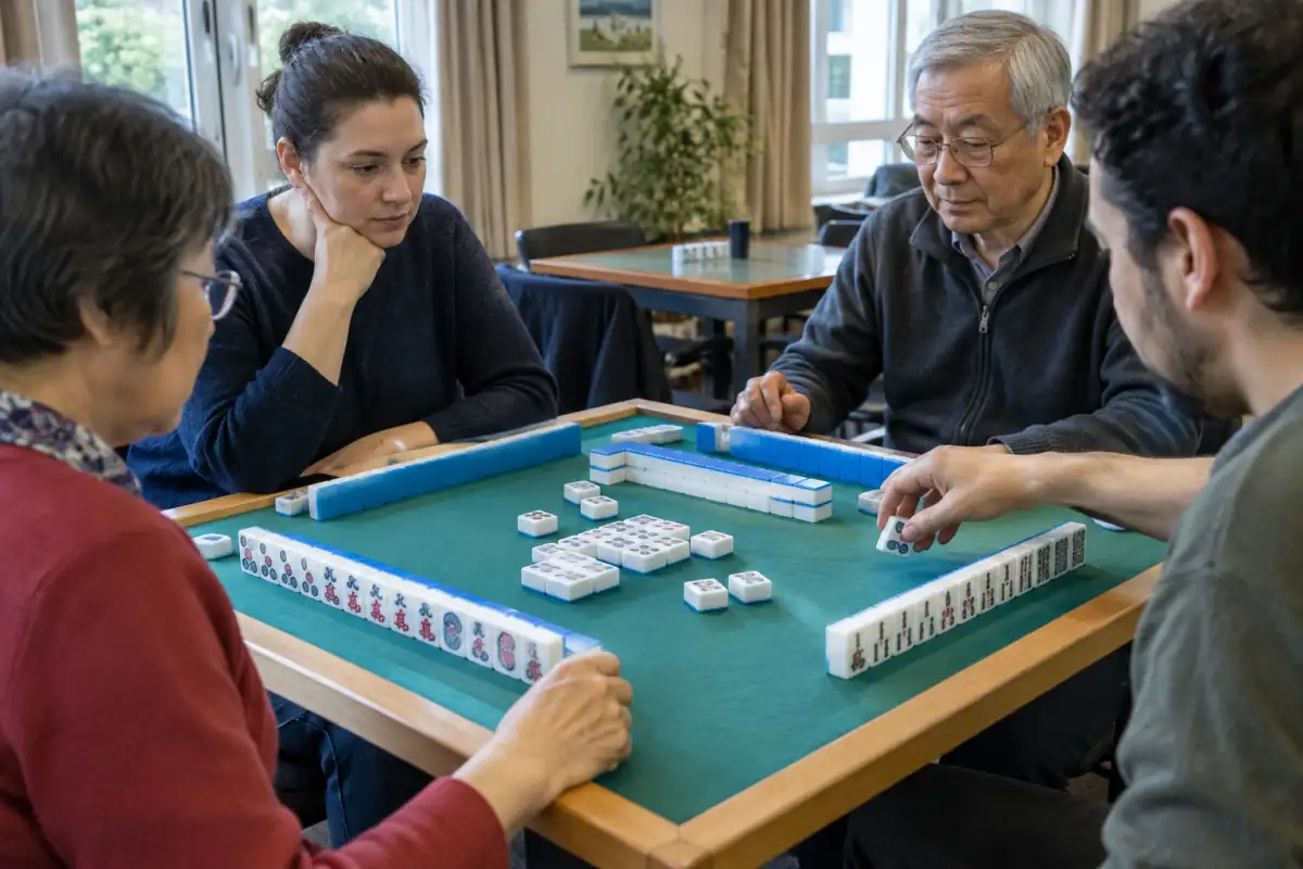 Quatre joueurs disputent une partie de mah-jong de compétition autour d’une table avec leurs tuiles.