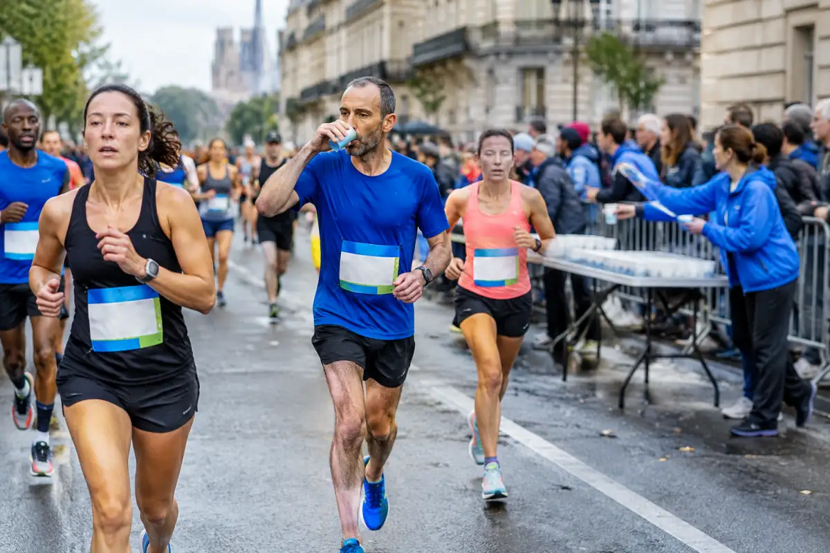 Des coureurs amateurs avancent sur une avenue fermée lors d’un marathon, avec des bénévoles disposant des ravitaillements.