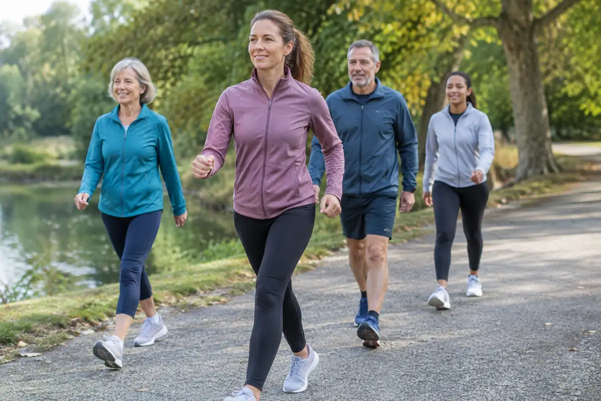 Groupe de marche active dans un parc, avançant d’un pas soutenu avec une posture détendue et des chaussures adaptées.