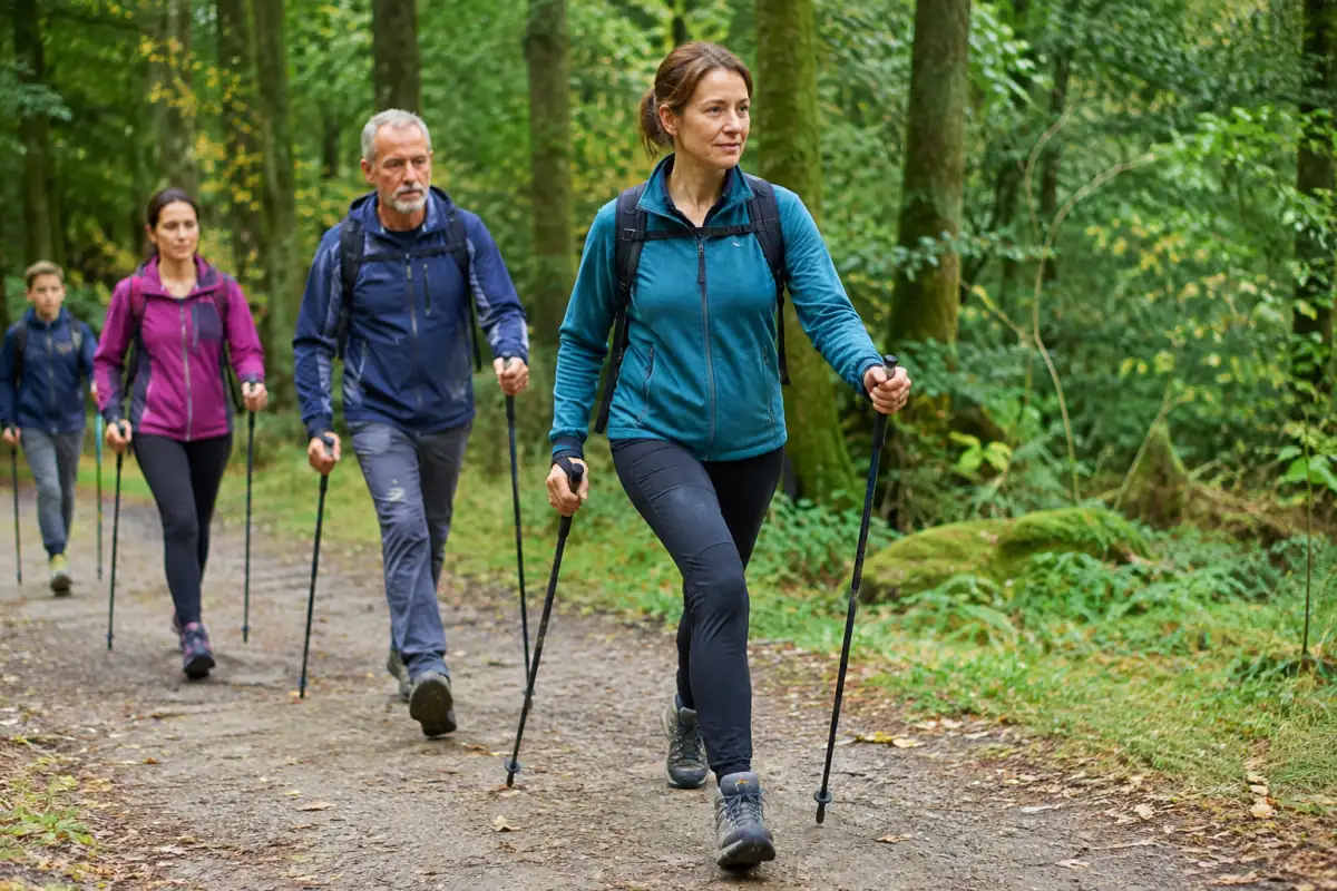 Groupe pratiquant la marche nordique sur un chemin forestier, bâtons inclinés vers l’arrière et bras coordonnés à la foulée.