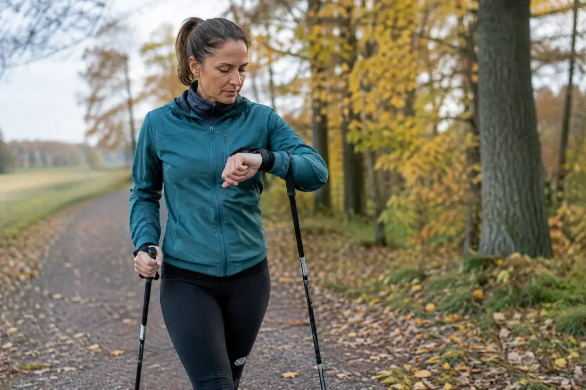 Marcheur nordique terminant une séance par intervalles sur un sentier vallonné, bâtons en main et montre de sport au poignet.