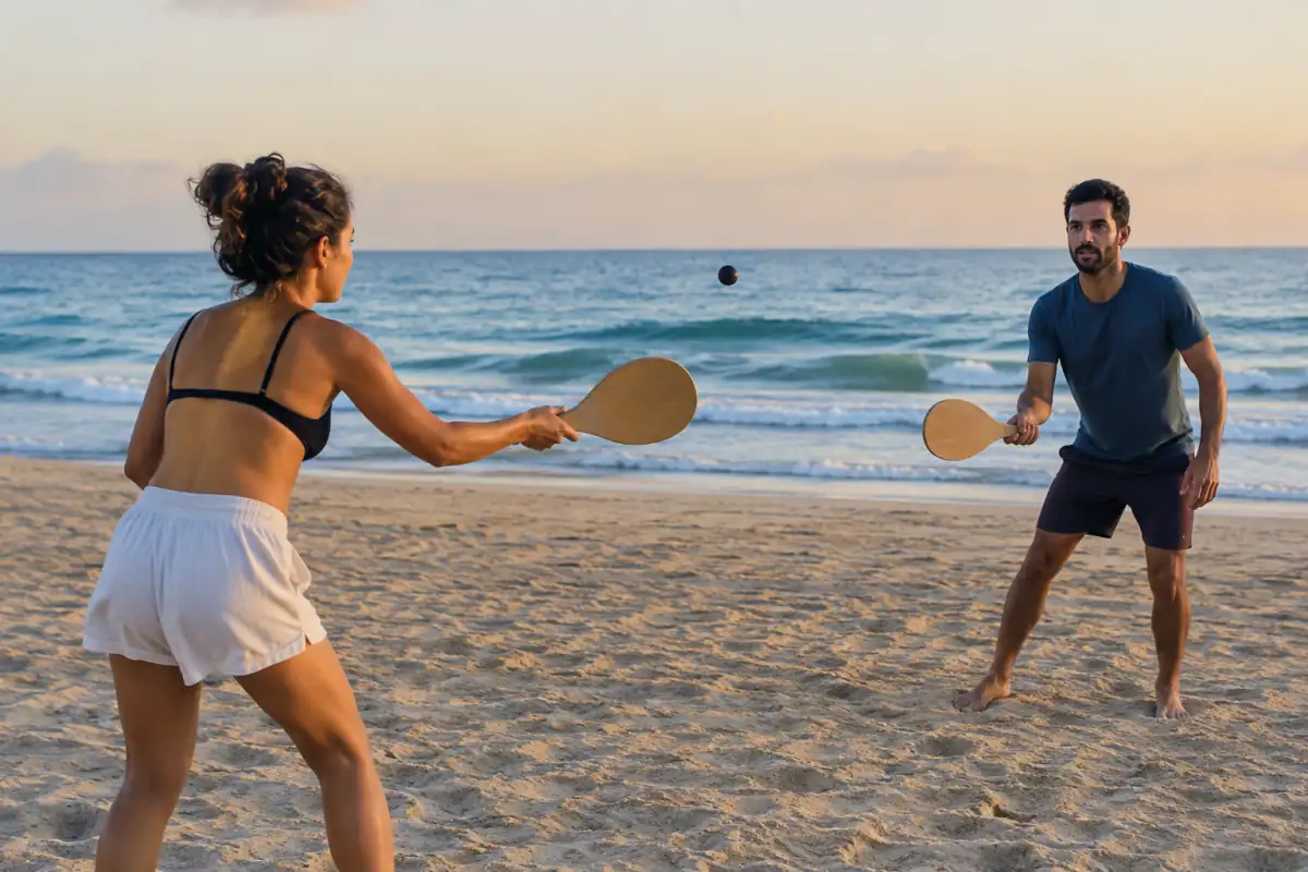 Deux joueurs échangent une balle avec des palettes en bois sur une plage en pratiquant le matkot israélien.