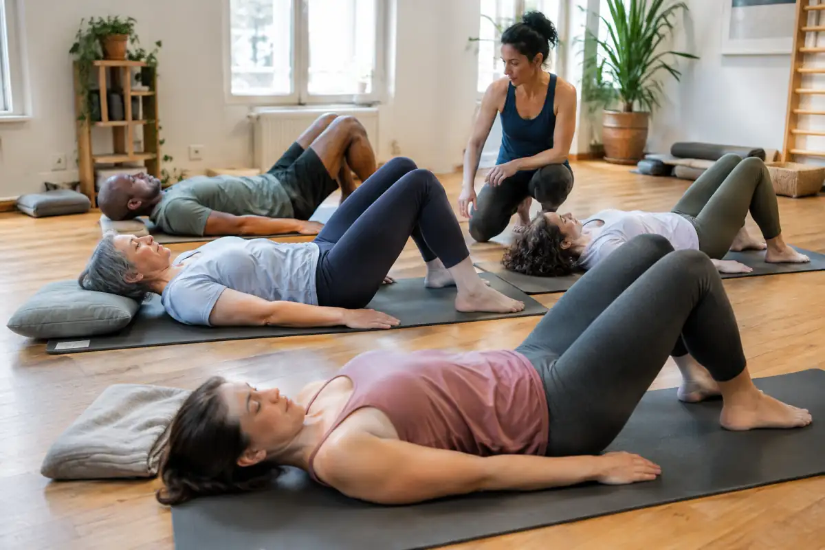 Cours de méthode de Gasquet en salle : des adultes pratiquent un exercice postural et respiratoire sur des tapis.