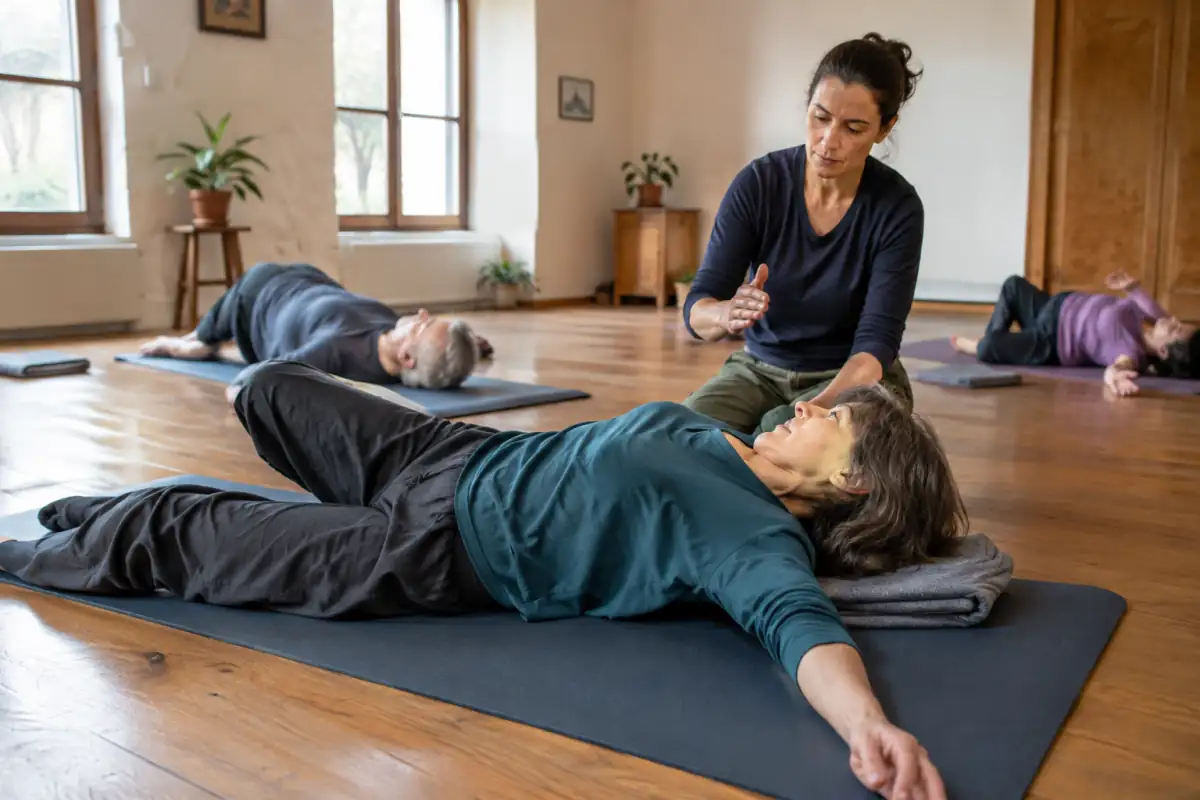 Séance de méthode Feldenkrais en salle : une participante explore lentement une rotation du buste sur un tapis.