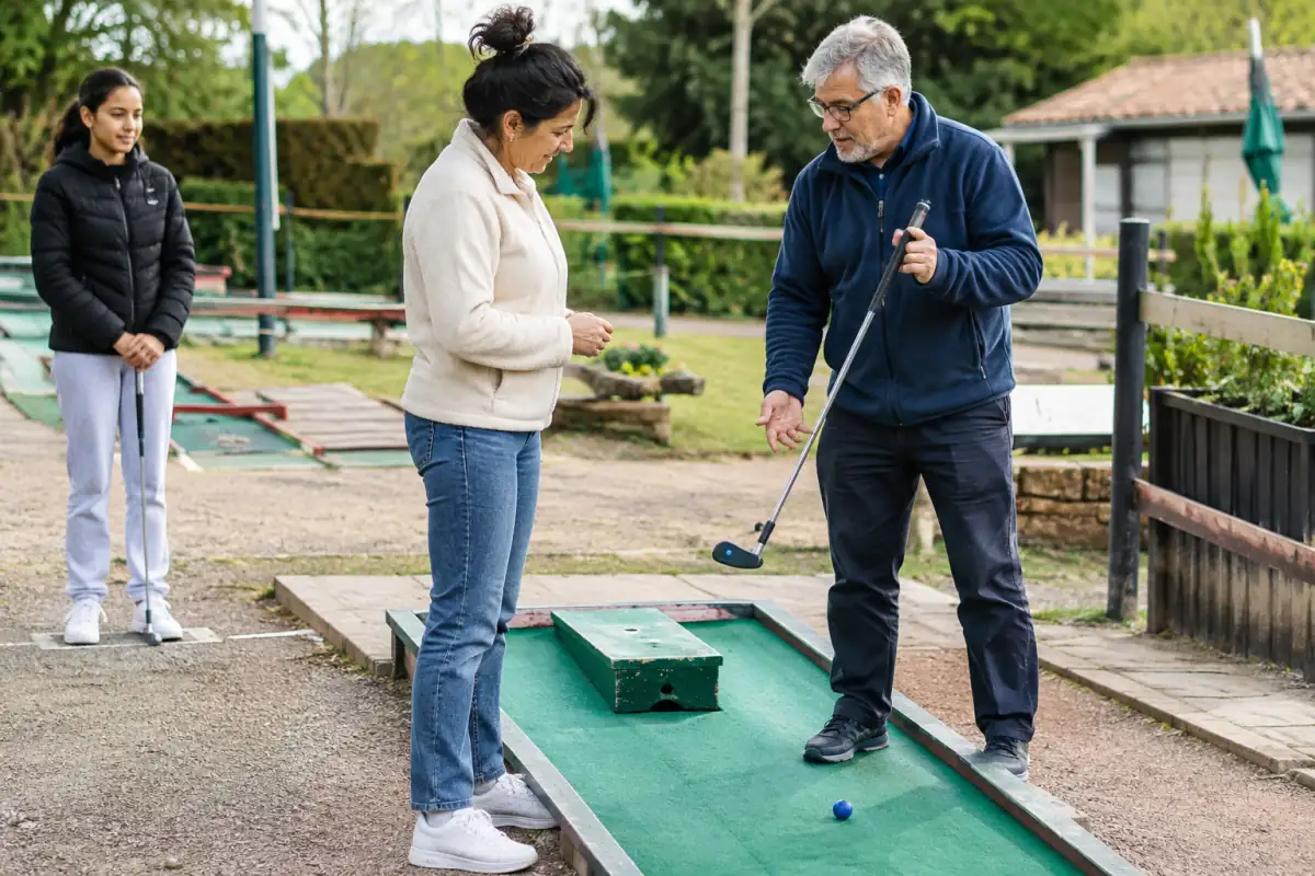 Un bénévole accueille une débutante sur une piste de mini-golf et lui prête un club lors d’une séance d’essai.