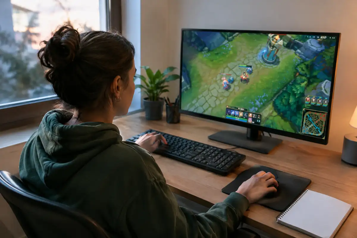 Une personne découvre un MOBA sur ordinateur en suivant le tutoriel, la main sur la souris et l’interface de jeu affichée.