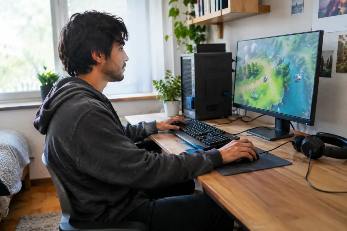 Poste de jeu MOBA sobre avec écran 24 pouces, clavier, souris, casque et câble Ethernet, sans équipement haut de gamme.