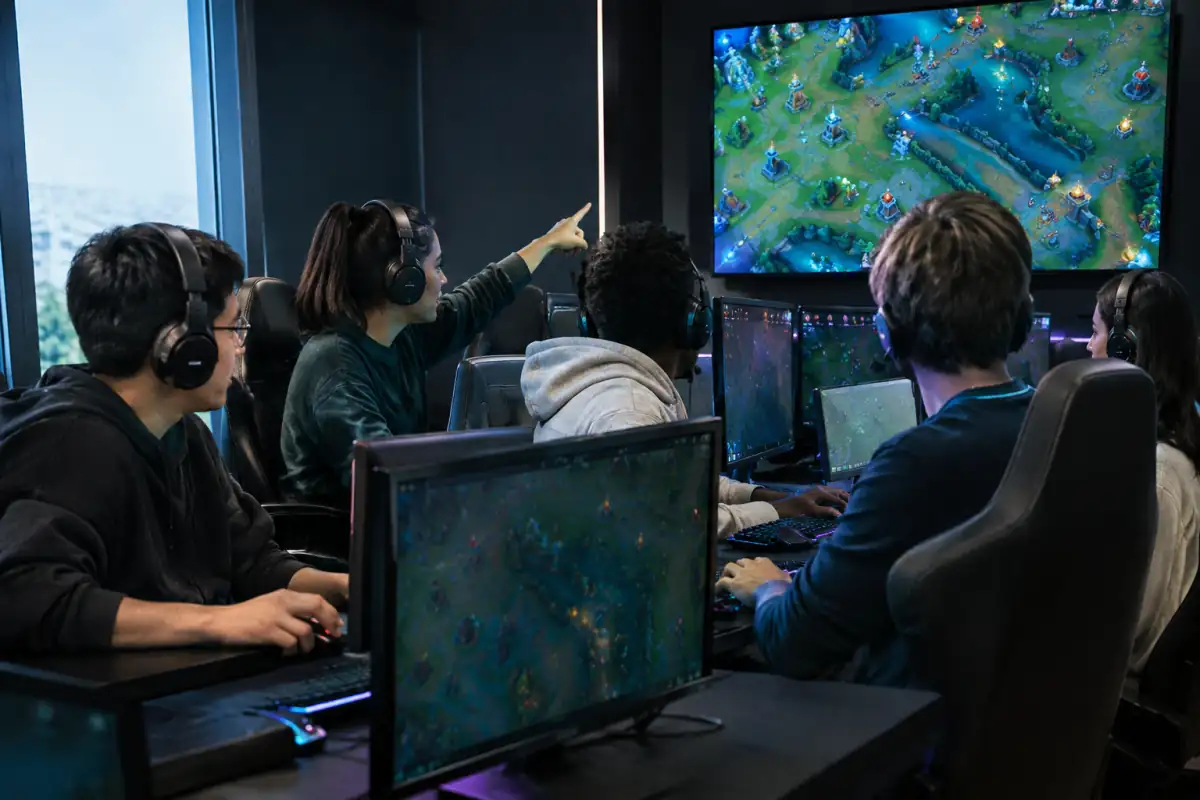 Une équipe de joueurs échange des indications tactiques devant un écran de jeu MOBA pendant un entraînement collectif.