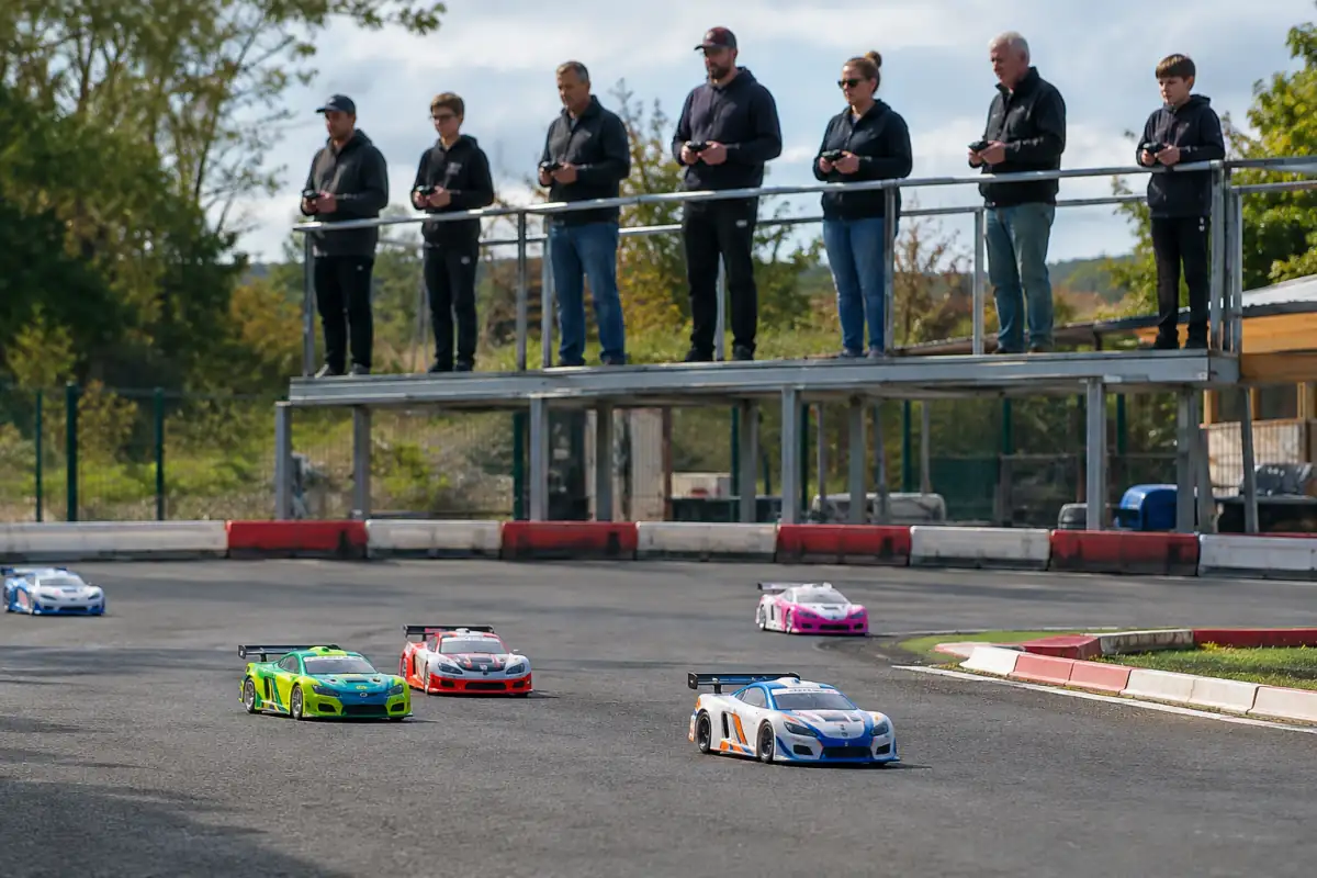 Voitures électriques de modélisme automobile radiocommandé en course sur piste asphaltée, pilotées depuis une estrade de circuit.