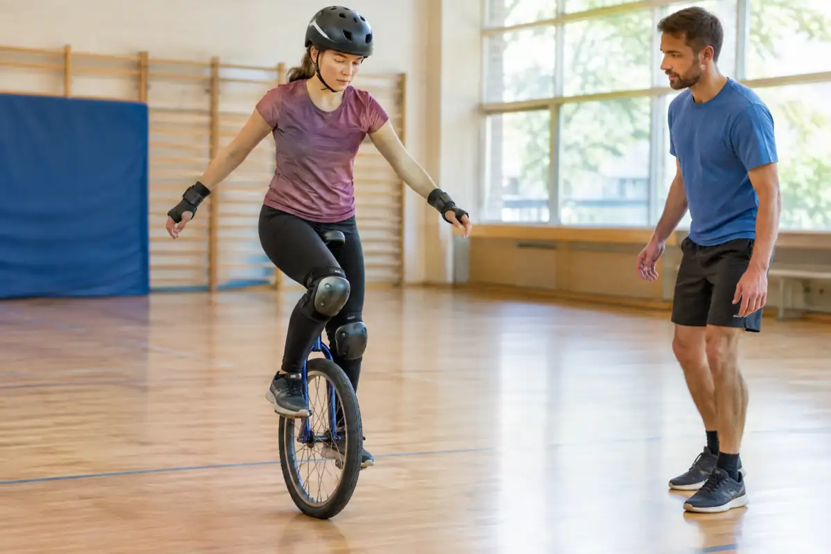 Débutant en monocycle dans un gymnase, équipé d’un casque et de protections, pendant un exercice d’équilibre encadré.