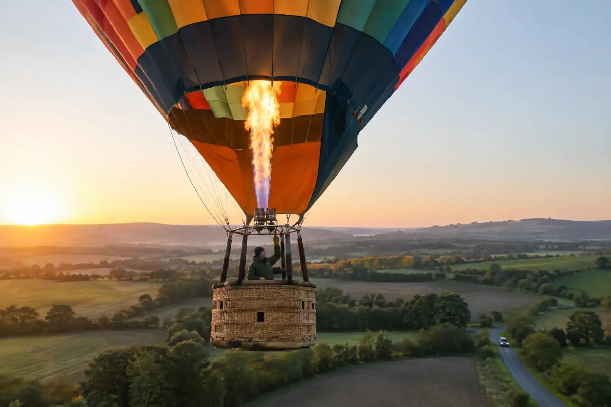 Montgolfière en vol au lever du soleil, avec son pilote dans la nacelle et une équipe au sol qui suit sa trajectoire.