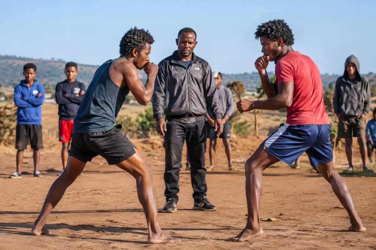Deux pratiquants s’entraînent au moraingy à mains nues sous la supervision d’un encadrant, sur une aire extérieure à Madagascar.