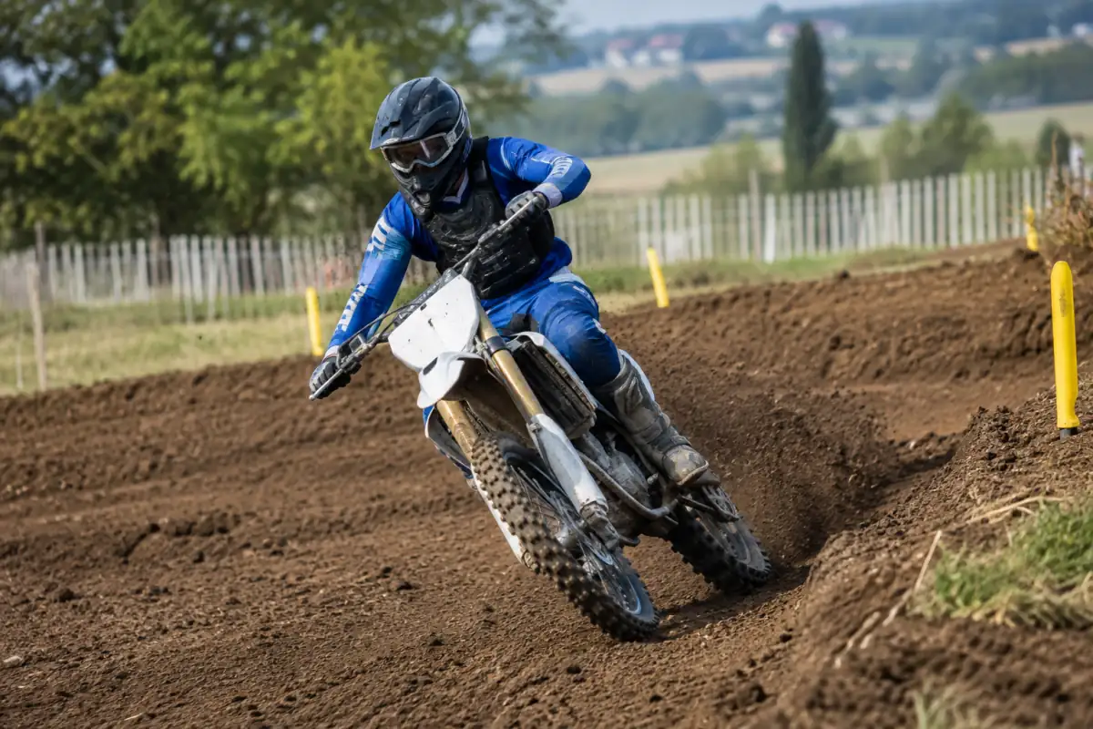 Pilote en tenue de protection négociant un virage relevé sur une piste de motocross en terre.