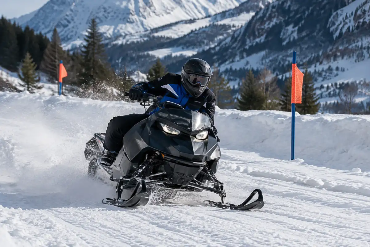 Pilote en combinaison et casque négocie un virage sur une motoneige à chenille lors d’une course de snowcross sur neige.