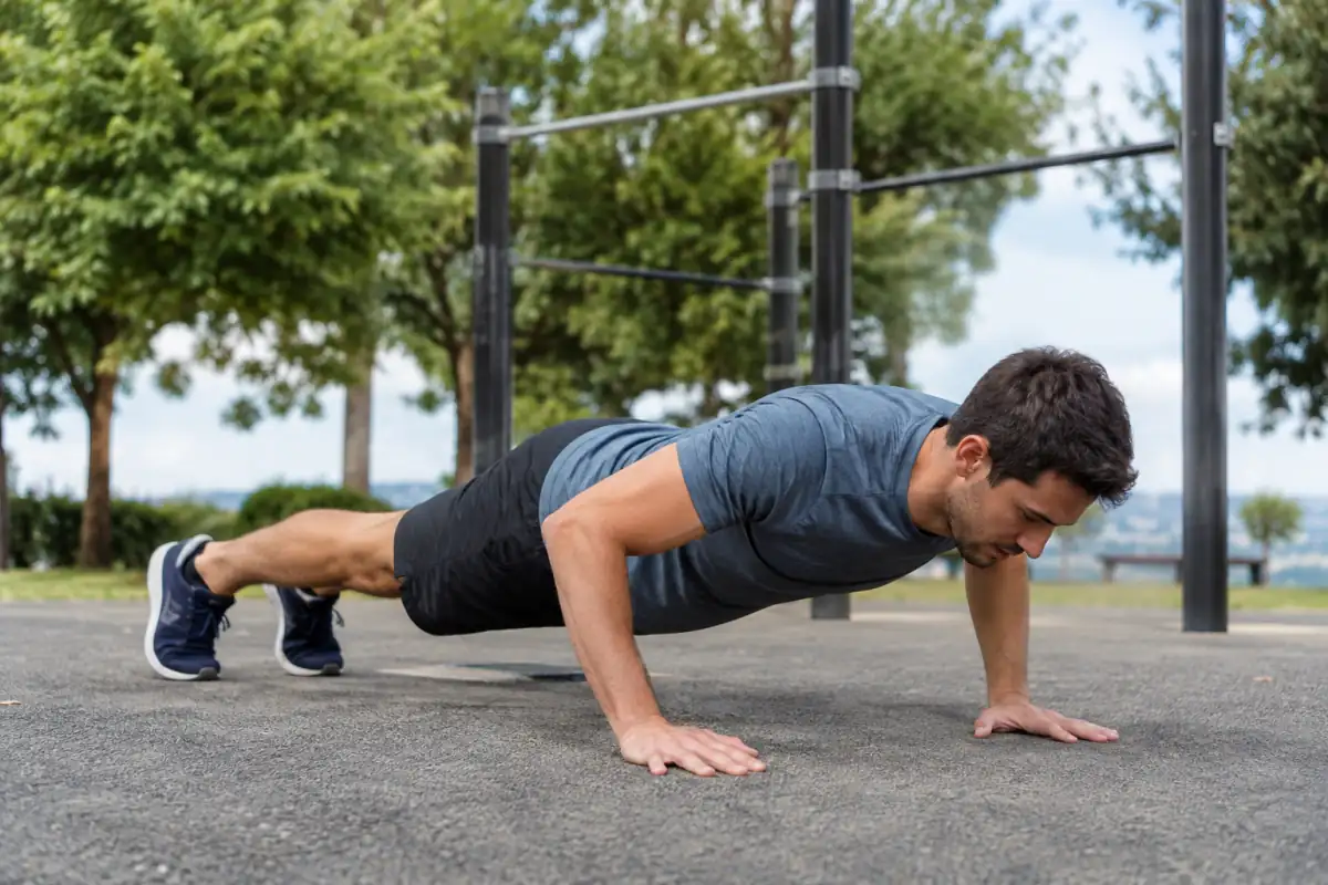 Une pratiquante réalise une pompe contrôlée dans un parc de street workout, le corps aligné et les mains au sol.