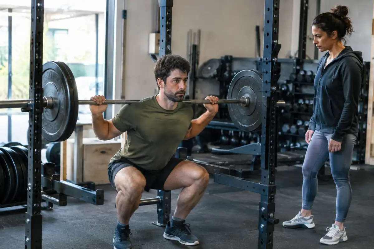 Une pratiquante réalise un squat à la barre sous le regard d’un encadrant dans une salle de musculation.