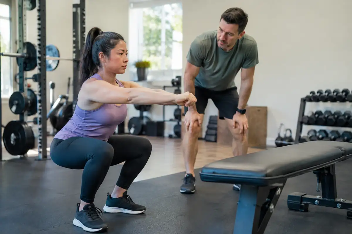 Une personne réalise un squat contrôlé vers un banc en salle, tandis qu’un encadrant observe sa posture et sa stabilité.