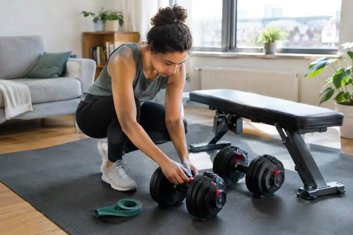 Débutant vérifiant des haltères réglables dans un espace de musculation domestique dégagé, avec banc stable et tapis de protection.