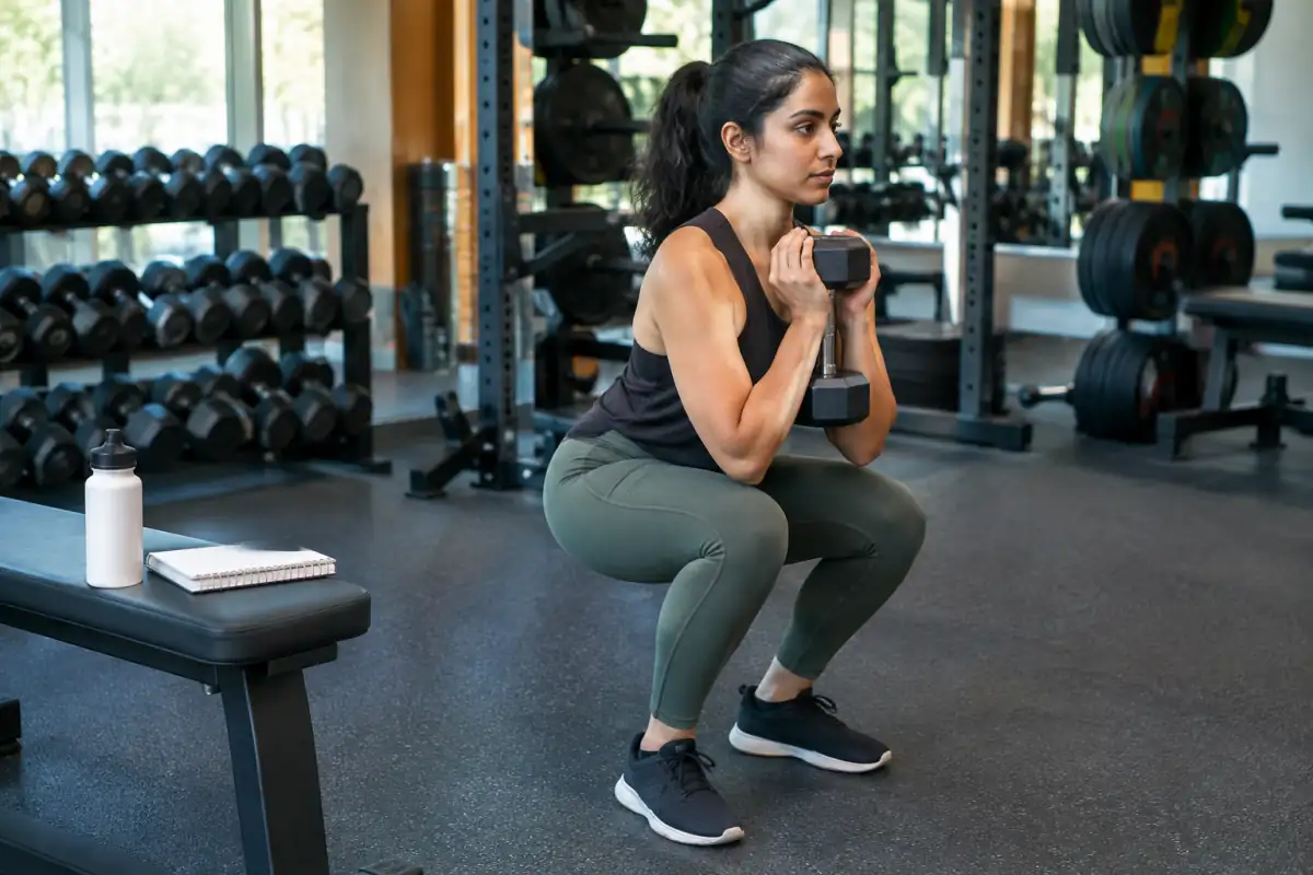 Un pratiquant débutant réalise un squat avec haltère léger et suit une séance de musculation corps entier dans une salle.