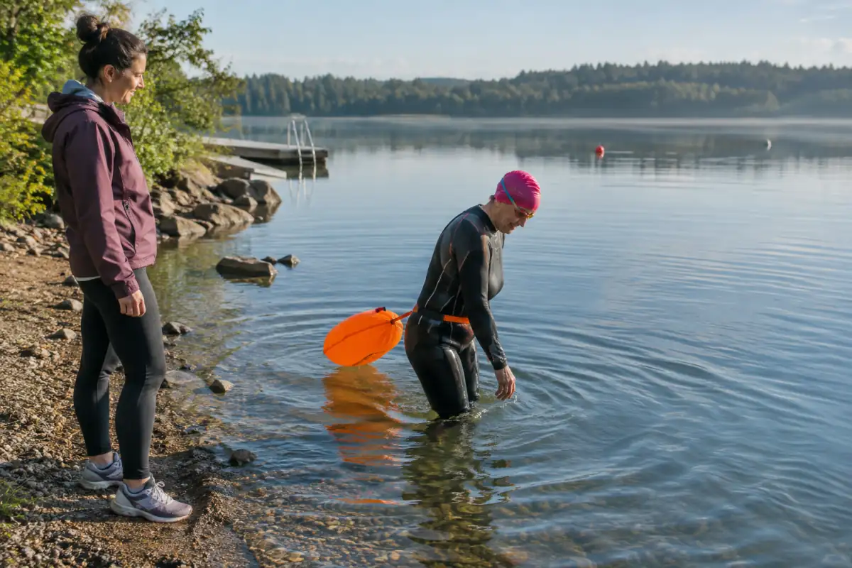 Nageur débutant équipé d’une bouée visible près de la rive, accompagné d’une personne qui surveille sa première sortie.