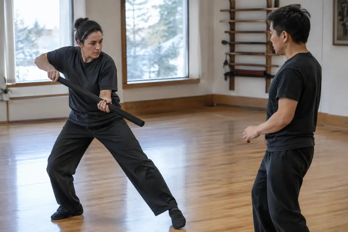 Deux pratiquants d’okichitaw répètent une défense contrôlée avec un bâton d’entraînement dans une salle de sport.