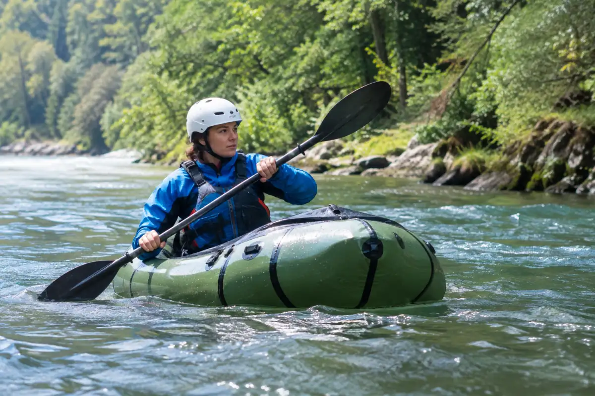Une pratiquante en gilet et casque pagaie un packraft gonflable sur une rivière calme bordée d’arbres.