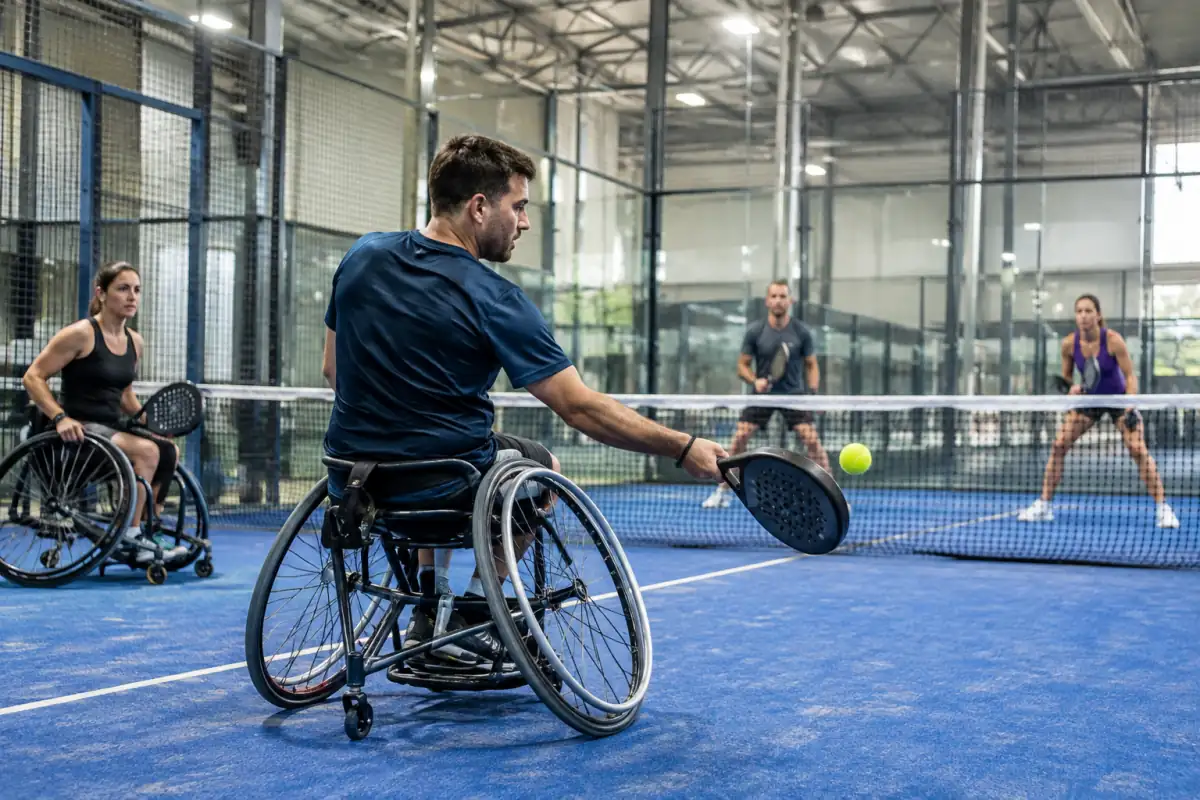 Un joueur en fauteuil sportif frappe la balle pendant un échange de padel fauteuil sur un court vitré.