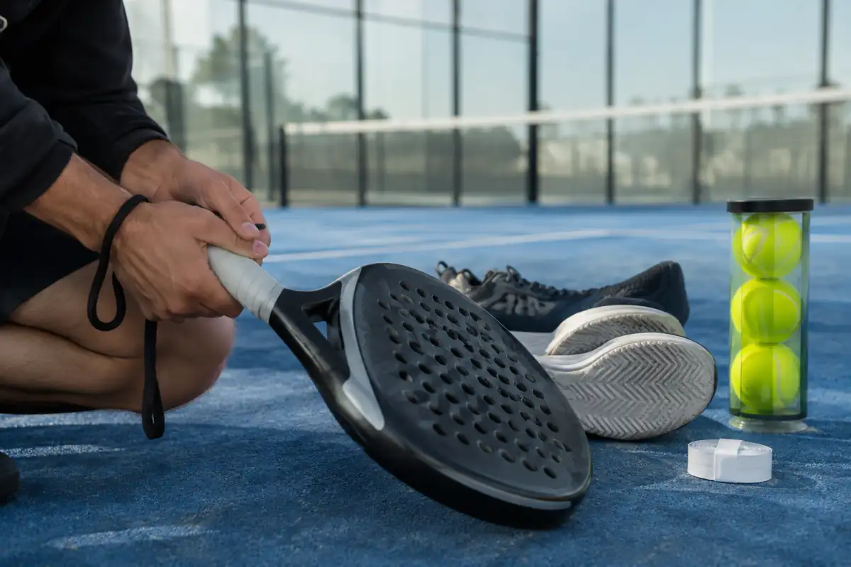 Raquette ronde de padel, chaussures à semelle adaptée, balles et surgrip réunis sur un court pour préparer un premier équipement.