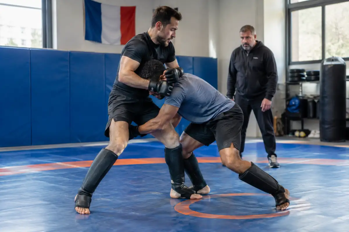 Deux pratiquants de pankration s’entraînent au corps à corps sur un tapis, sous la surveillance d’un entraîneur.