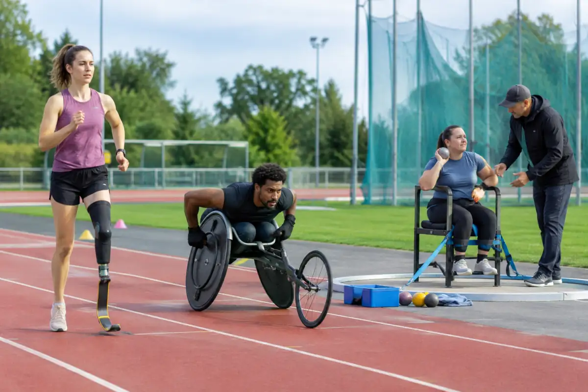 Séance de para-athlétisme encadrée : course debout, propulsion en fauteuil de course et préparation technique au lancer assis.