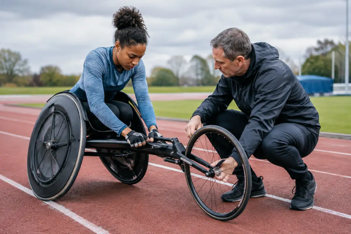 Athlète en fauteuil de course et entraîneur vérifiant les réglages des roues et la position des mains sur la piste.