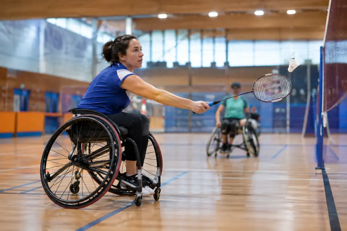 Un joueur en fauteuil sportif frappe le volant au filet lors d’un échange de para-badminton dans un gymnase.