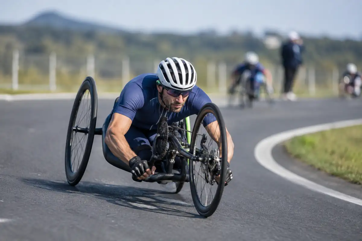 Un athlète en handbike négocie un virage sur un circuit fermé lors d’une séance de para-cyclisme.