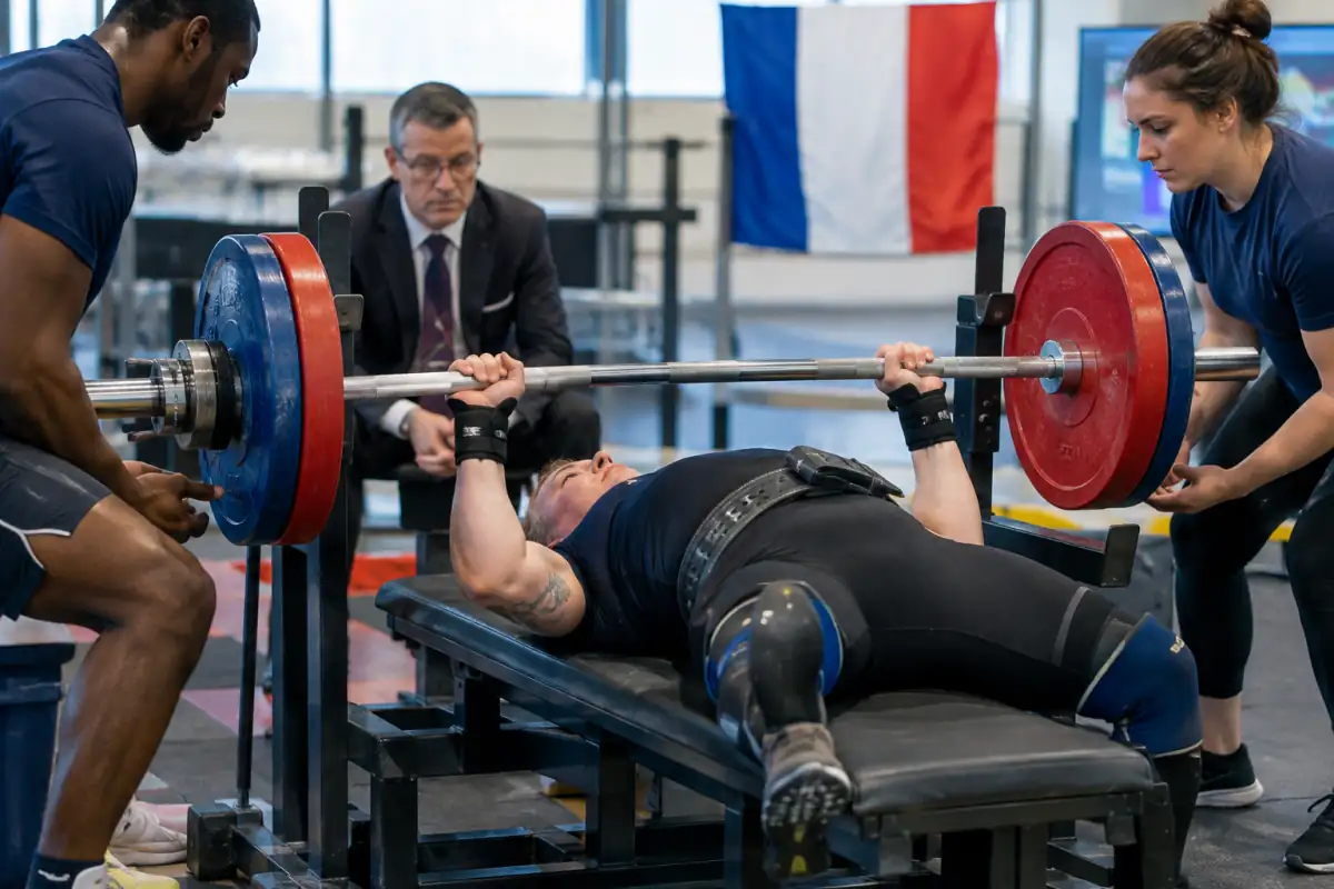Un athlète réalise un développé couché en para-haltérophilie, avec des chargeurs attentifs près de la barre en compétition.