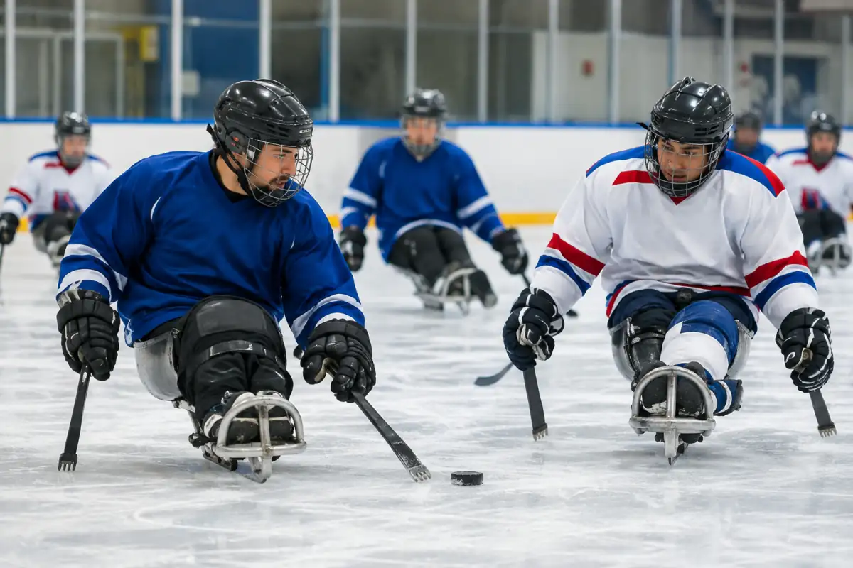Joueurs de para hockey sur glace en luge poussent sur la glace avec leurs crosses pendant une action de match.