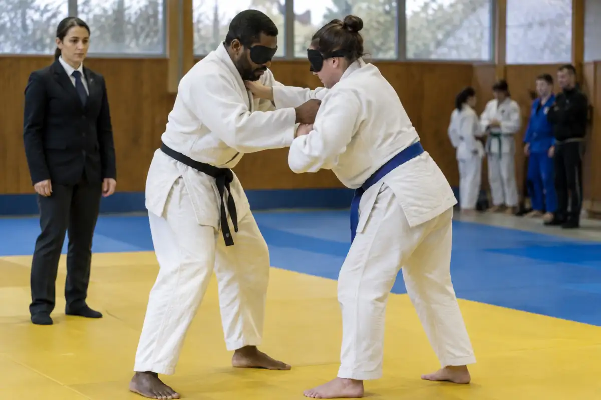 Deux judokas déficients visuels en para-judo établissent leur prise de départ sur un tatami, sous le regard de l’arbitre.
