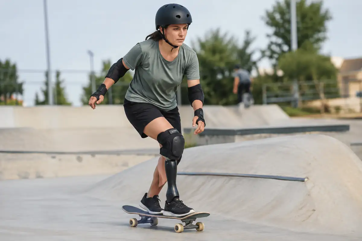 Une athlète de para-skateboard roule sur une transition basse, avec casque et protections, dans un skatepark accessible.