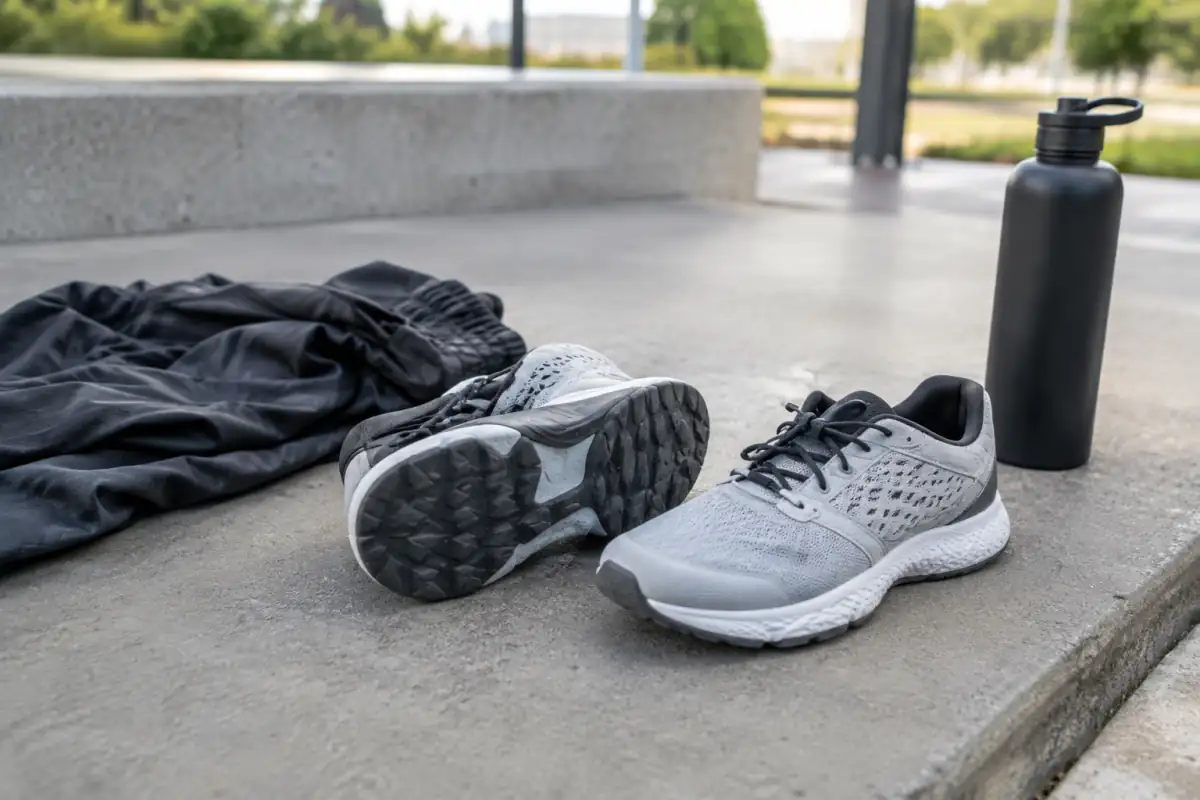 Paire de chaussures de parkour à semelle en caoutchouc, posée sur un sol en béton avec une tenue de sport et une gourde.