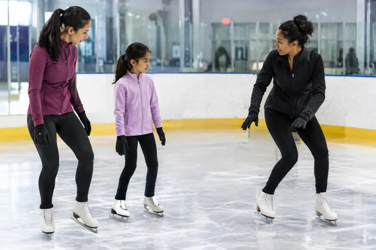 Un entraîneur montre la posture de base à une adulte et un enfant débutants sur la glace d’une patinoire.