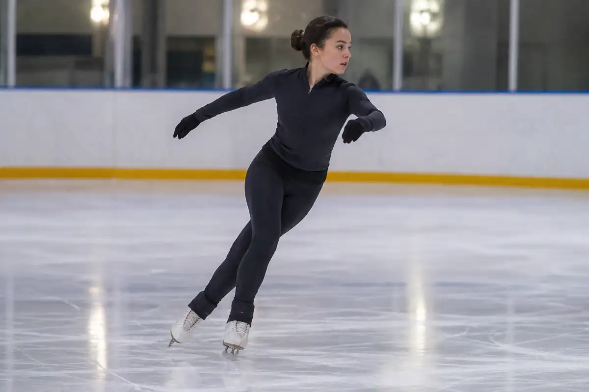 Patineur artistique en préparation d’un saut arrière, carre de la lame et pointe du patin visibles près de la glace.