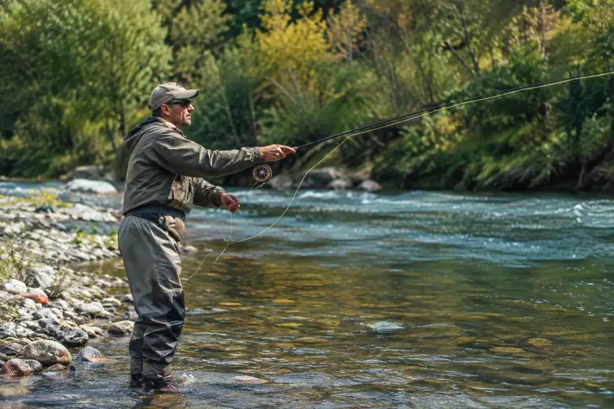 Pêcheur lançant une soie à la mouche au-dessus d’une rivière française, équipé d’une canne, de waders et de lunettes.
