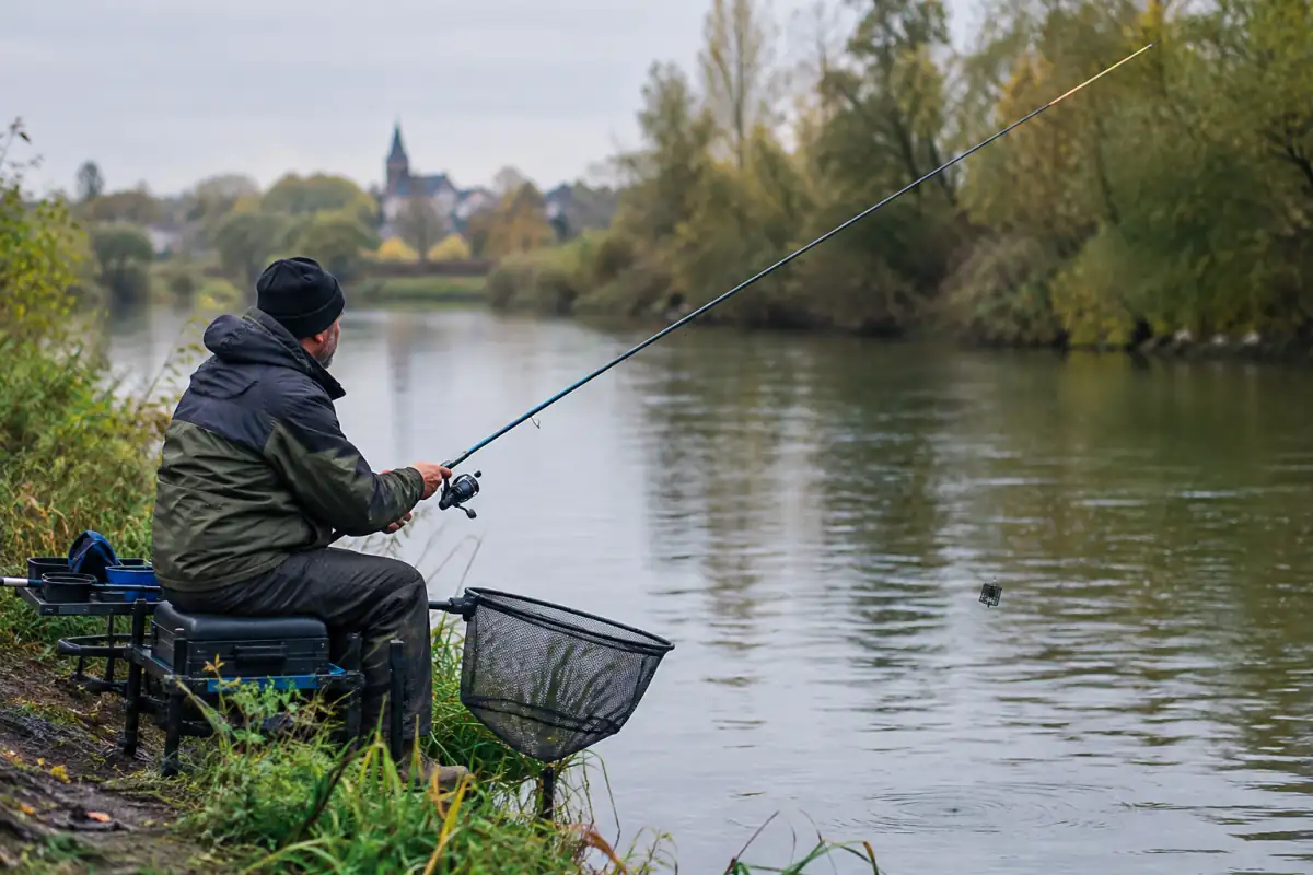 Pêche au feeder au bord d’une rivière française : un pêcheur assis lance une cage d’amorçage avec une canne à scion sensible.