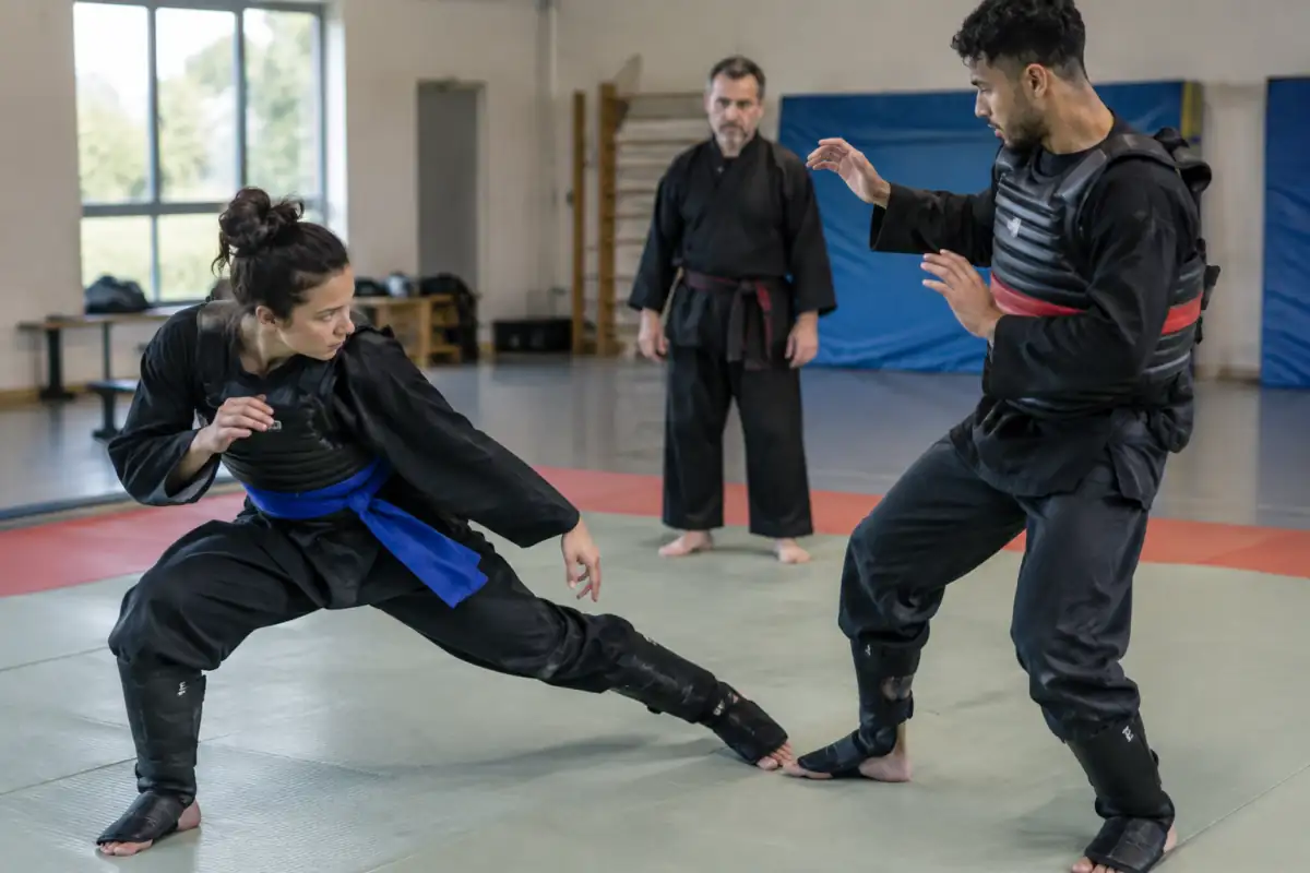 Deux pratiquants en tenue de pencak-silat travaillent un balayage contrôlé sur le tapis d’une salle d’arts martiaux.