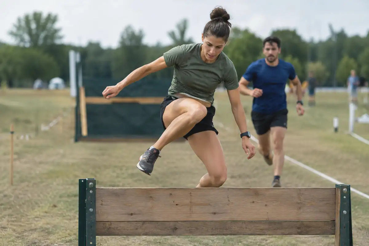 Un athlète franchit un obstacle sur le parcours de course du pentathlon militaire lors d’une compétition en plein air.