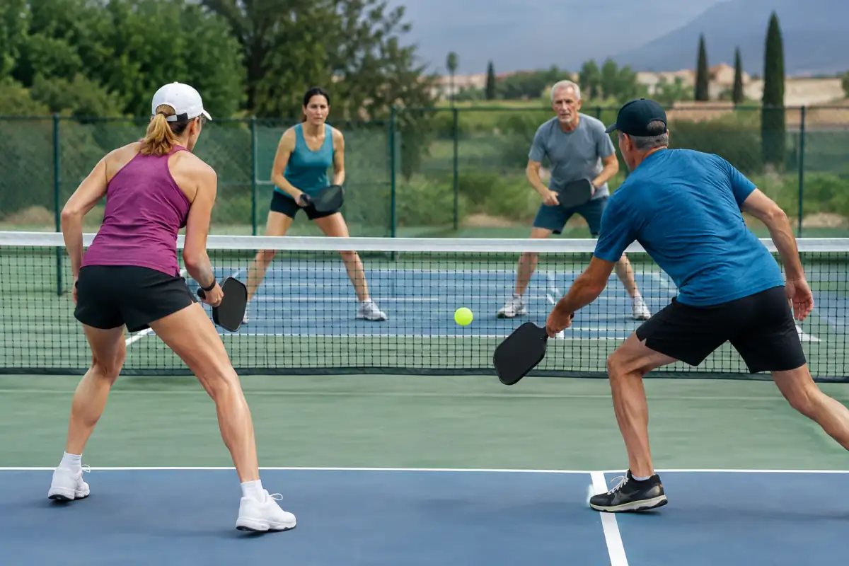 Échange de pickleball en double sur un court extérieur, avec une joueuse près de la zone de non-volée et une balle perforée.