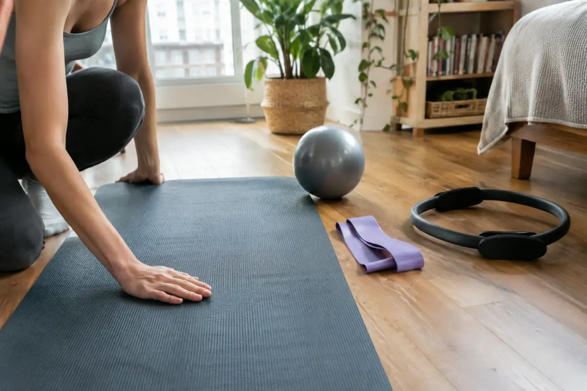 Tapis antidérapant de Pilates posé au sol, accompagné d’un petit ballon, d’un cercle et d’un élastique pour l’entraînement à domicile.
