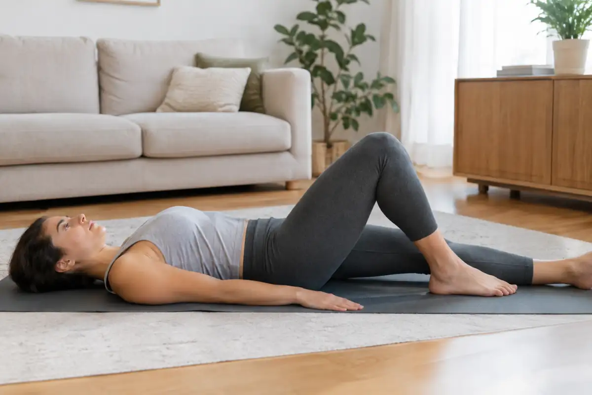 Débutante en Pilates allongée sur un tapis, faisant glisser un talon tout en gardant le bassin stable.