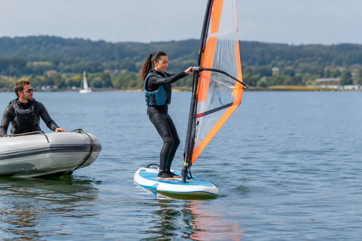 Débutant en planche à voile qui relève une petite voile au tire-veille sur un plan d’eau calme, sous la surveillance d’un moniteur.